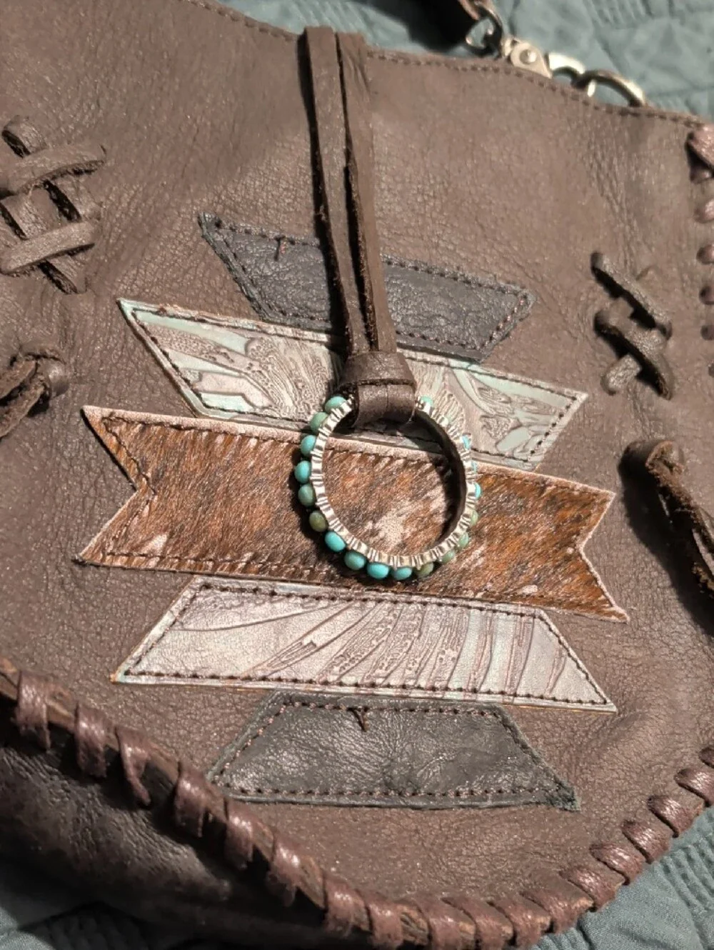 Brown Leather Crossbody Bag with Aztec Accent